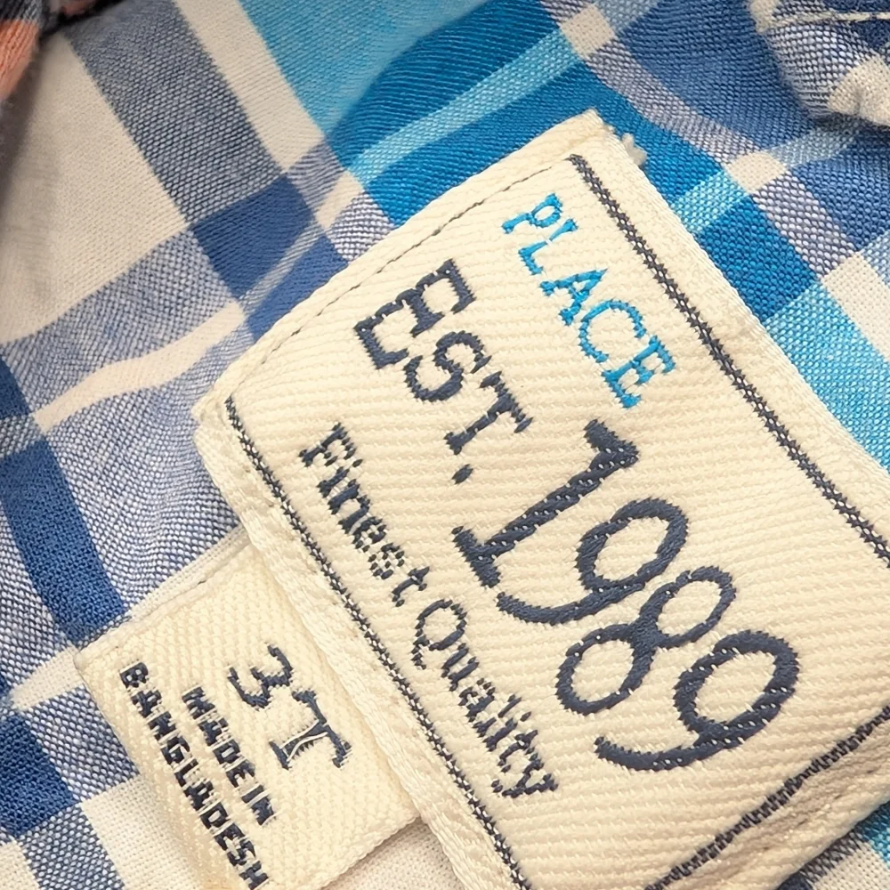 Children’s Place Boys Plaid Button-Up Shirt – Blue Orange‎ Check – Size 3T